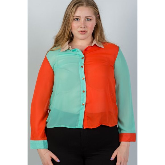 1x-3x Plus Size Semi Sheer Colorblocked  Blouse - Picture 2 of 7